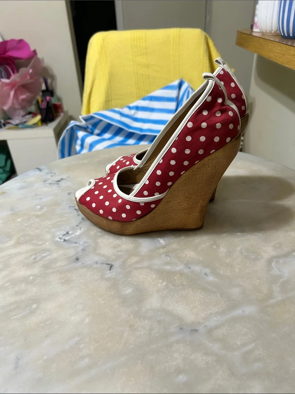 bebe Red Polka Dot Peep-Toe Platform Pumps with Cream Trim